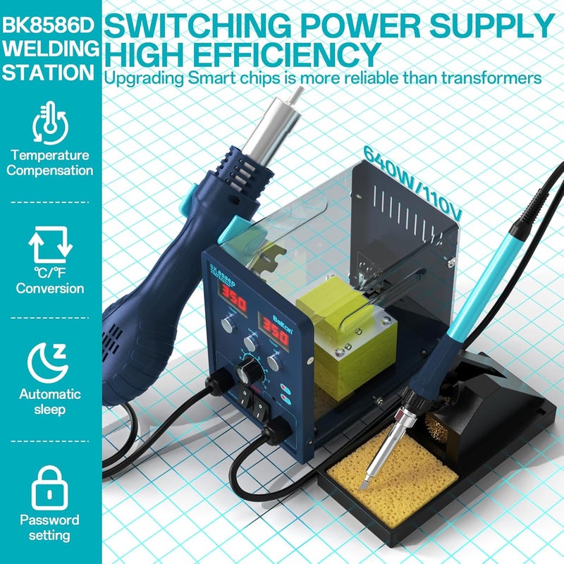 BAKON BK8586D Soldering Station 2-In-1 SMD Hot Air Rework Station,Solder Iron Station Kit for Electronics, 5 Soldering Tips, 2 Hot Air Nozzles,Tweezers, Solder Wire,Desoldering Pump,Solder Sucker - Image 2